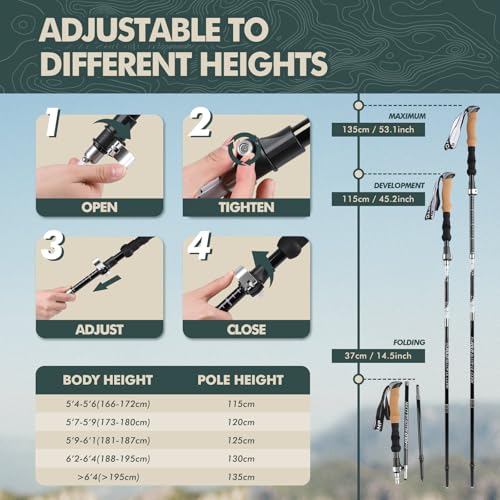 GPTCAMP Nordic Walking Stick, TPZ-1, 2pc Folding Collapsible Hiking Poles with Metal Quick Lock, Cork Handle, Lightweight ...