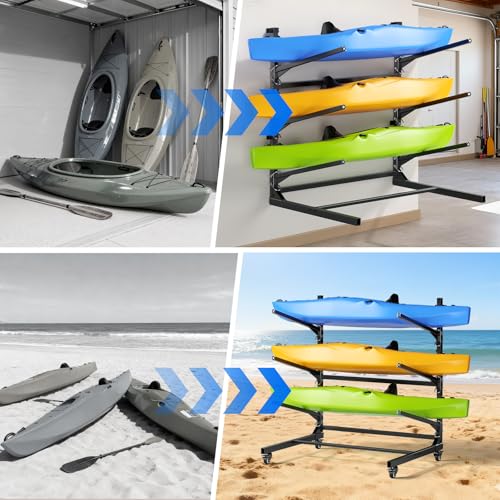 POKIPO Kayak Storage Rack,Heavy Duty Kayak Stand with Wheels 3 Layer Freestanding Wall Mount Rack Adjustable Kayak Rack fo...