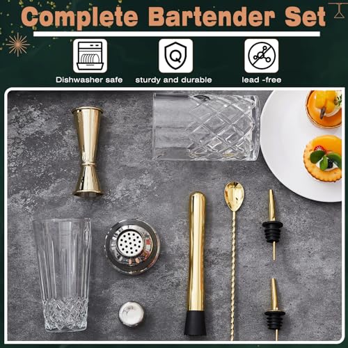 Mifoci 7 Pcs Gold Glass Cocktail Shaker Set Bartender gift set with 14oz Shaker 24oz Cocktail Mixing Glass Measuring Jigge...