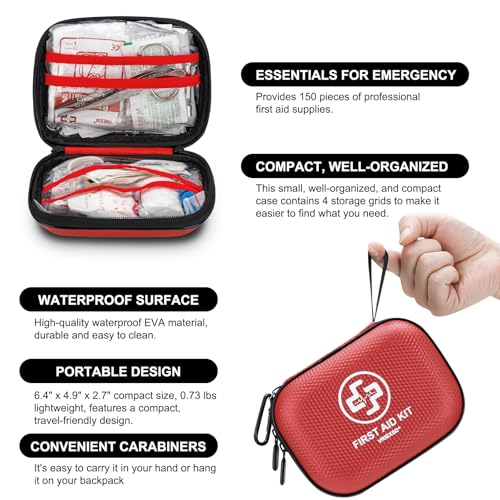 Mini First Aid Kit - 150 Piece Small Waterproof Hard Shell Medical Kit for Home, Car, Travel, Camping, Truck, Hiking, Spor...