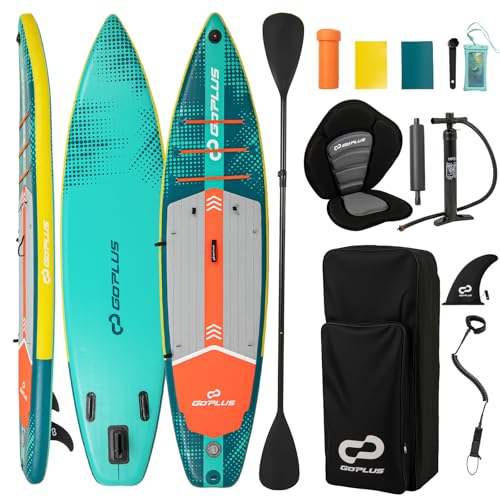 Goplus Inflatable Stand Up Paddle Board for Adults, 11FT SUP w/Premium Kayak Seat, Adjustable Paddle, Leash, Hand Pump, Re...