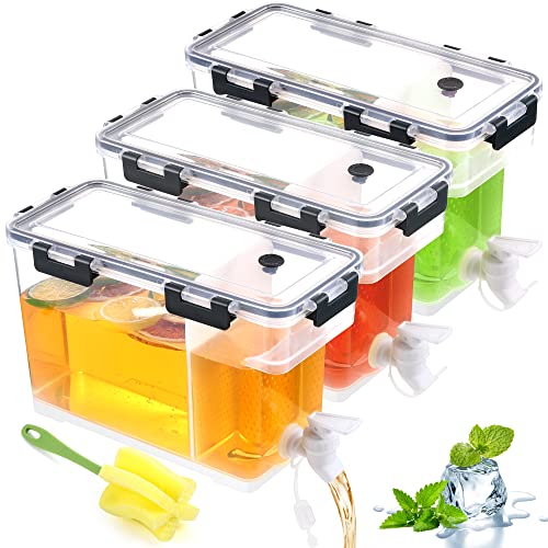 Breroa 3 Pieces 3.5 Liter Clear Beverage Dispenser with Spigot, Plastic Drink Dispenser for Fridge with Handle Clean Brus...