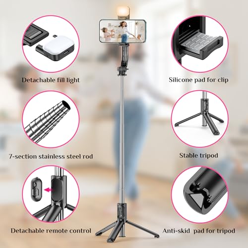 Selfie Stick Tripod with Fill Light, All in One Extendable Selfie Stick with Detachable Wireless Remote, Flexible Phone Tr...