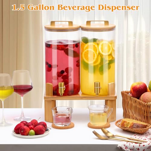 1.5 Gallon Glass Drink Dispensers for Parties, 2 PCS Beverage Dispenser With Wood Stand,Vertical Stripes Glass Lemonade Di...