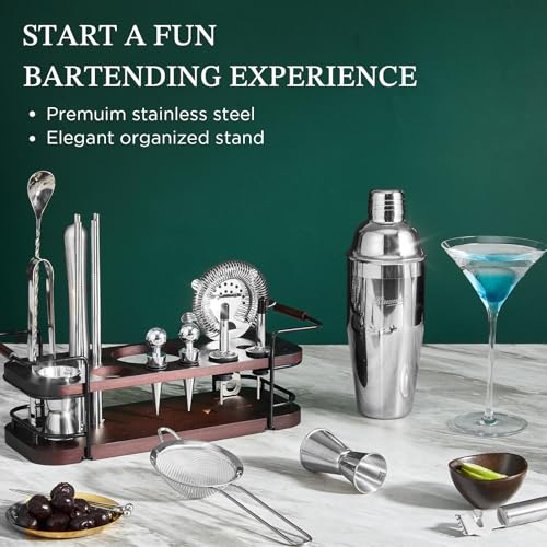 KITESSENSU Cocktail Shaker Set Bartender Kit with Stand | Complete 24-Piece Bar Set Cocktail Kit with All Bar Accessories:...