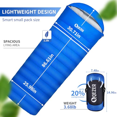 QEZER Down Sleeping Bag for Adults, 600 Fill Power, Ultralight & Compact with Compression Sack for Backpacking, Camping, H...
