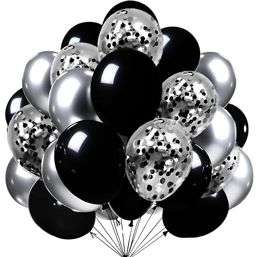 Firomi Metallic Chrome Silver Black Latex Balloons 12 inch 70 Pack Black and Silver Confetti Balloons Set for Birthday Wed...