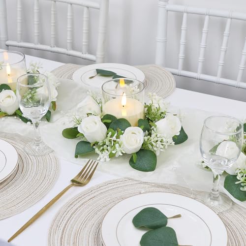 Acmee Pink Rose Candle Rings with Flameless Candles Sets - 12PCS Artificial Flower Eucalyptus Wedding Centerpiece 3 Inch P...