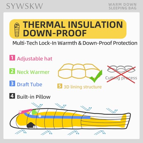 SYWSKW Down Sleeping Bag with Pillow for Backpacking,15℉ 5℉ 0℉ Wide Down Sleeping Bag (86.6 in x 33.5 in) for Adults,Youth...