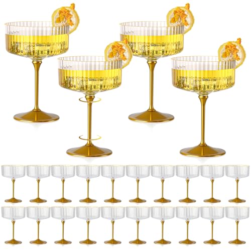 HKSZEH 24 PCS Ribbed Coupe Glasses with Gold Stem Clear Plastic Champagne Coupe Cup 10oz Detachable Gold Rim Espresso Mart...
