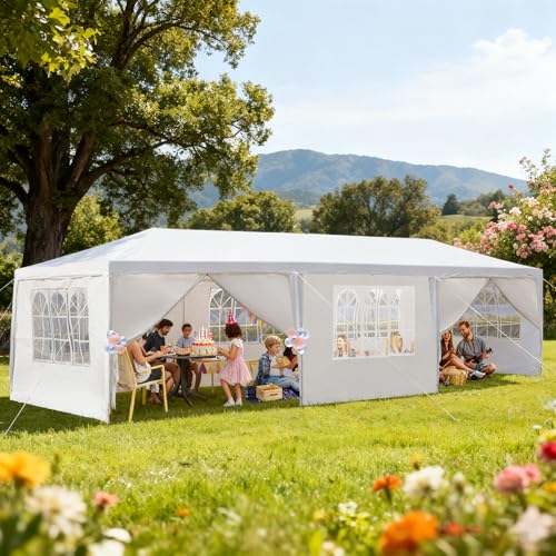 Nyckolas White 10x30 Outdoor Canopy Tent for Party,8 Removable Sidewalls with Windows,Sunshade & Waterproof,Heavy Duty Met...