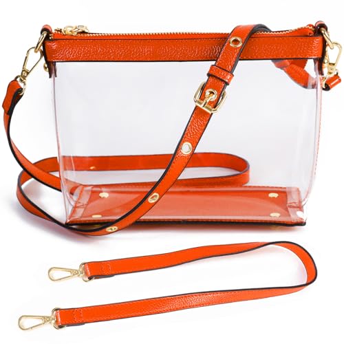 Y&R Direct 3-IN-1 Clear Zipper Crossbody Bag with Vegan Leather Trim Clear Purse for Stadium Festival Concert Gameday Gifts
