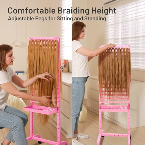 Adjustable 280 Pegs Braiding Rack, Hair Racks with Tray and Braiding Tools, 2-sided Braid Rack for Braiders, Hair Separator with Wheels