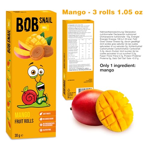 BOB SNAIL Healthy Organic Fruit Snacks for Kids and Adults – 30 Organic Fruit Leather Snacks with Pear & Apple, Blueberry, Mango – Vegan Low-Carb Variety Pack Strips for Kids – Sugar Free Jerky Bars