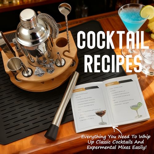 Silicone Pad Included Cocktail Shaker Set Bartender Kit,Mixology Bartender Kit 13-Piece with Bamboo Stand,Martini Shaker K...