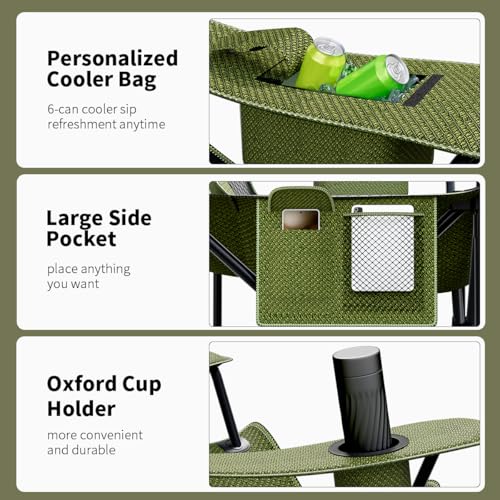Heavy Duty Folding Chair 500LB Capacity, Oversized Camping Chairs with Cup Holder, Cooler Bag & Storage Pouch, Double-Laye...