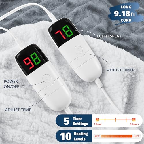 Heated Electric Blanket Queen Size - 84" x 90" Heating Blanket with Dual Control, 10 Heating Levels & 8 Hours Auto Off, So...
