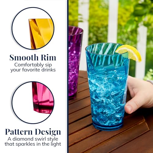 US Acrylic Optix Plastic Reusable Drinking Glasses (Set of 8) 20oz Water Cups in Jewel Tone Colors | BPA-Free Tumblers, Ma...
