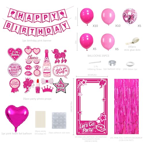 Birthday Decorations for Women,Happy Birthday Banner, 35 Balloons,Photo Booth Props for Girls (Hot Pink)