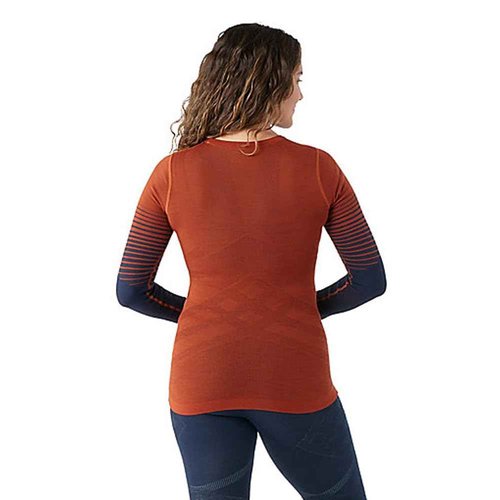 Smartwool Women's Intraknit Thermal Merino Base Layer Pattern Crew Pecan Brown-Deep Navy L