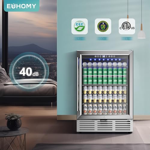 EUHOMY 24 Inch Beverage Refrigerator, 180 Can Built-in Beverage Cooler, Under Counter Beer Fridge with Glass Door for Sod...