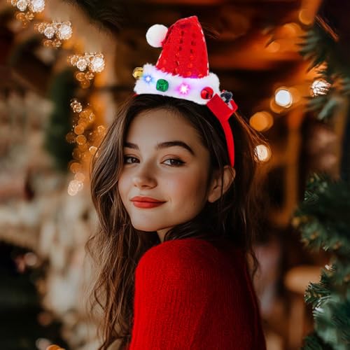 Bafuny Light Up Red Green Santa Hat Headband Christmas Hat Hairband Xmas Bells Head Accessories for Women