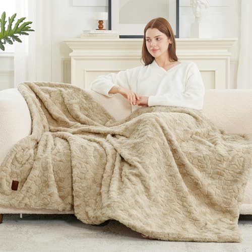 Cozy Bliss Faux Fur Throw Blanket for Couch, Fuzzy Soft Plush Thick Warm Fluffy Reversible Wave Textured Blanket for Sofa ...