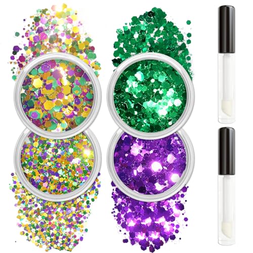 Allstarry Mardi Gras Face Glitter, 4 Colors Chunky Body Glitters Purple Green Gold Face Glitter Eyeshadow Makeup Hair and ...