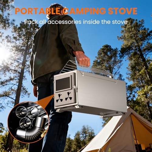 Upgraded Wood Stove, Hot Tent Stove Camping Portable Stainless Steel Wood Burning Stove with 7 Chimney Pipes for Wall Tent...