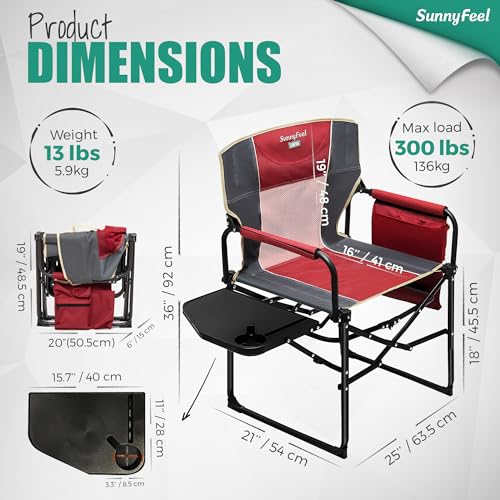 SUNNYFEEL Camping Directors Chair, Heavy Duty,Oversized Portable Folding Chair with Side Table, Pocket for Beach, Fishing,...