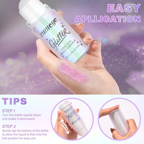 Roll-on Face Body Glitter Gel for Women, 1.69oz Large Capacity Holographic Color Changing Glitter Gel Shimmer Makeup for S...