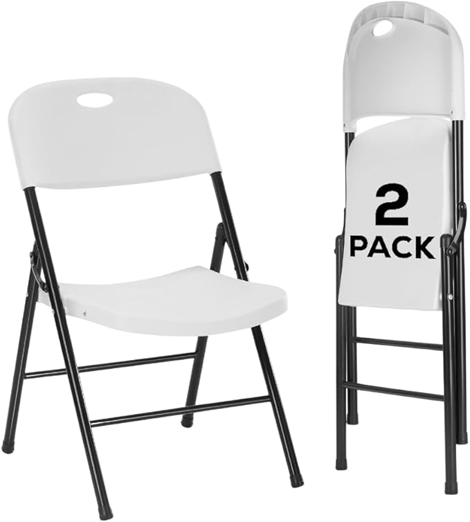 EZONE (2pcs Heavy Duty Plastic Foldable Chair for Adults, Portable Outdoor Seating for Wedding, Event, Party, Backyard, Patio, or Dining Use, Comfortable Stackable Design (White, 2 Pack)