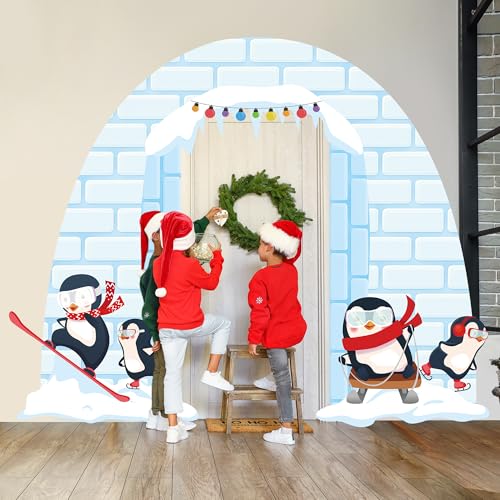 Winter Party Porch Banner Penguin Photo Booth Props for Parties Igloo Hanging Door Banner Backdrop with Winter Photograph ...
