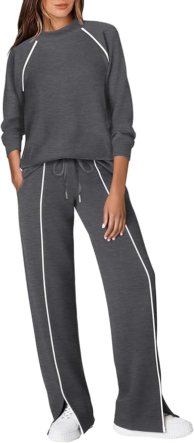 WIHOLL Lounge Sets for Women 2 Piece Fall Outfits 2025 Wide Leg Pant Matching Sets Womens Clothing