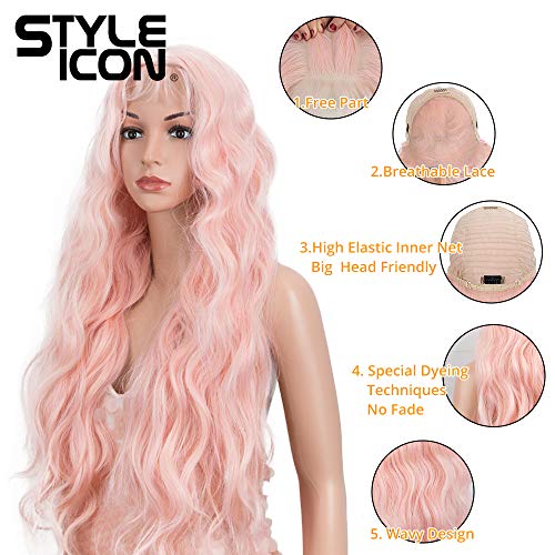 Style Icon Easy-360 Lace Wigs 30" Free Part Lace Frontal Wigs Long Water Wave Wig Pink Synthetic Wig (30 Inches, PINK9)