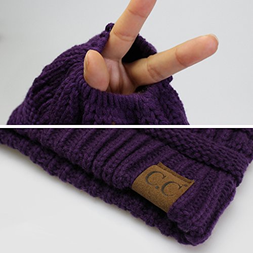 C.C Exclusives Soft Stretch Cable Knit Messy Bun Ponytail Beanie Winter Hat for Women (MB-20A)