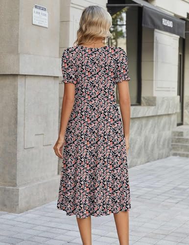 Zeagoo Womens Summer Dress Casual Midi Dresses 2026 Short Puff Sleeve Flare Dress Pleated Flowy Sundress with Pockets