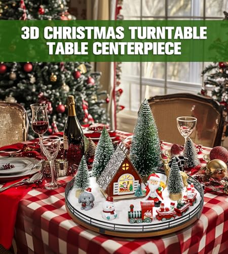 AMH 12 PCS Christmas Table Decorations Set with Oak Rotating Base – Xmas Town Village Centerpiece with Santa, Train, Hous...