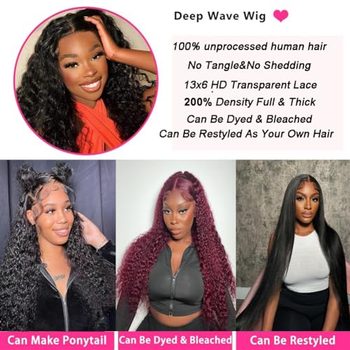 20 Inch 13x6 HD Transparent Lace Front Wigs Human Hair 200% Density Deep Wave Frontal Wigs Human Hair Curly Wigs for Women Human Hair Pre Plucked with Baby Hair Curly Lace Front Wig Glueless Wigs