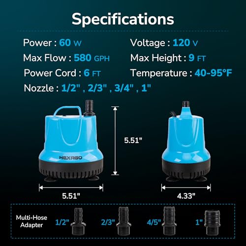 Hexago 580GPH Submersible Water Fountain Pump, 60W Small Sump Pump with 9FT High Lift, Aquarium Pumps for Outdoor Pond, Hy...