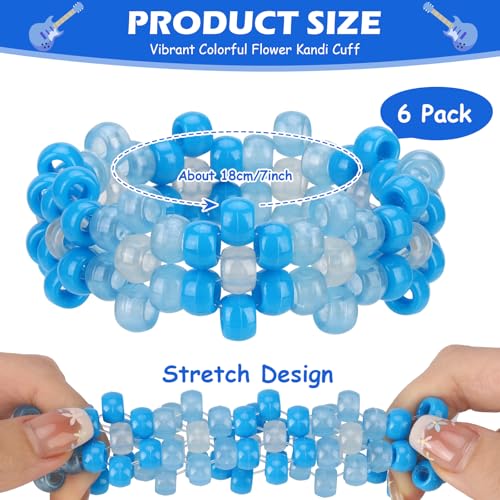 6 Pcs Flower Kandi Bracelets Glow In The Dark Stretch Rave Candy Bracelets Multi Color Beaded Flower Kandi Cuff Rave Acces...