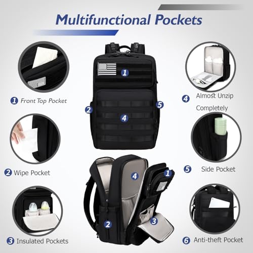 LORADI Dad Diaper Backpack, 34L Large Capacity with Stroller Buckles, Luggage Sleeve and 3 Insulated Pockets, Tactical Style