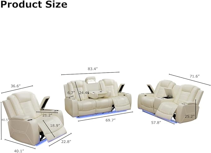 Toseslo Power Recliner Chair Set, Leather Reclining Sectional Couch with Adjustable Angle, Living Room Furniture Sets, Modern Reclining Single Chair with Armrests and Backrests for RV(Creamy White)