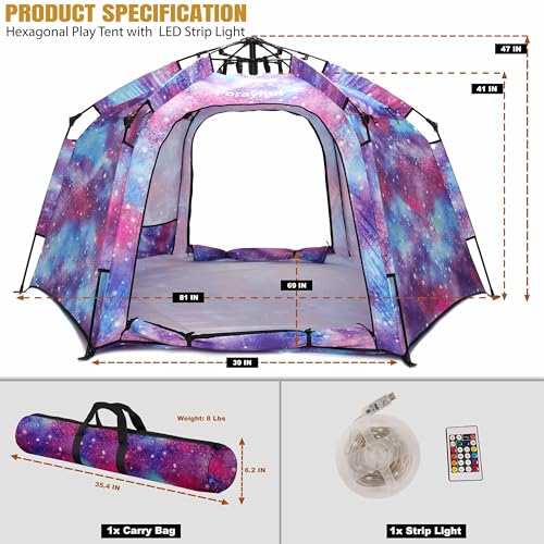 Portable Hexagon Kids Play Tent with LED Strip Lights Indoor Children Play House Easy Set-up Space Large Dream Tent for Ni...