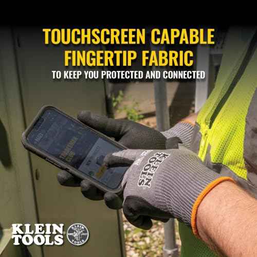 Klein Tools 60589 Work Gloves, Knit Dipped Cut Resistant ANSI A4 Nitrile Coated Gloves, HPPE Fabric, Touchscreen Capable Fingertips, Large, 2-Pair