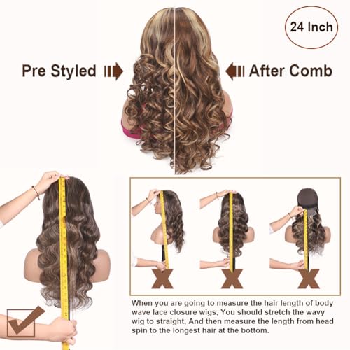 Highlight Ombre 5x5 Pre Plucked Pre Cut Lace Front Wigs Human Hair 4/27 Colored Bouncy Body Wave Lace Frontal Wig Honey Blonde Ombre Glueless 5x5 HD Lace Closure Wigs for Women 180 Density 18 Inch