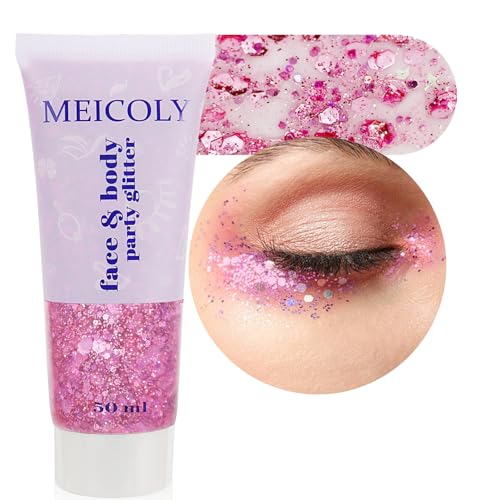 MEICOLY Pink Face Body Glitter,Holographic Sparkly Hair Glitter,Pink Accessories for Spirit Week,Singer Concerts Lover Hea...
