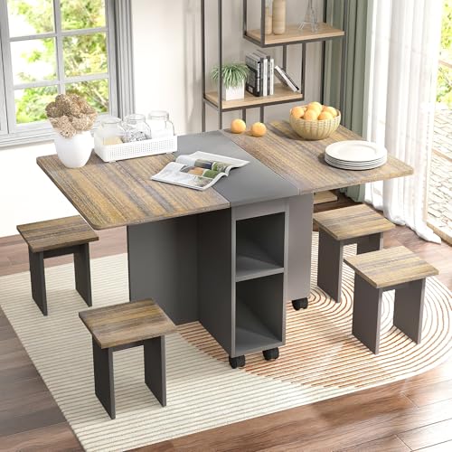 BAYYELL 5-Piece Folding Extendable Dining Table Set for 4, Drop Leaf Dining Table with 4 Stools, Storage and 6 Wheels, Kit...