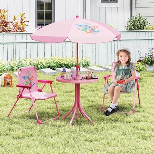Costzon Kids Picnic Table, Kids Outdoor Table with 2 Folding Chairs, Height Adjustable Umbrella, Portable Children Outdoor...