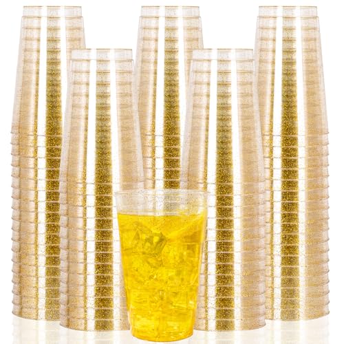 I00000 100 Pack 14 oz Gold Plastic Cups, Disposable Tumblers Gold Glitter Plastic Cups, Disposable Wine Glasses Cocktail G...
